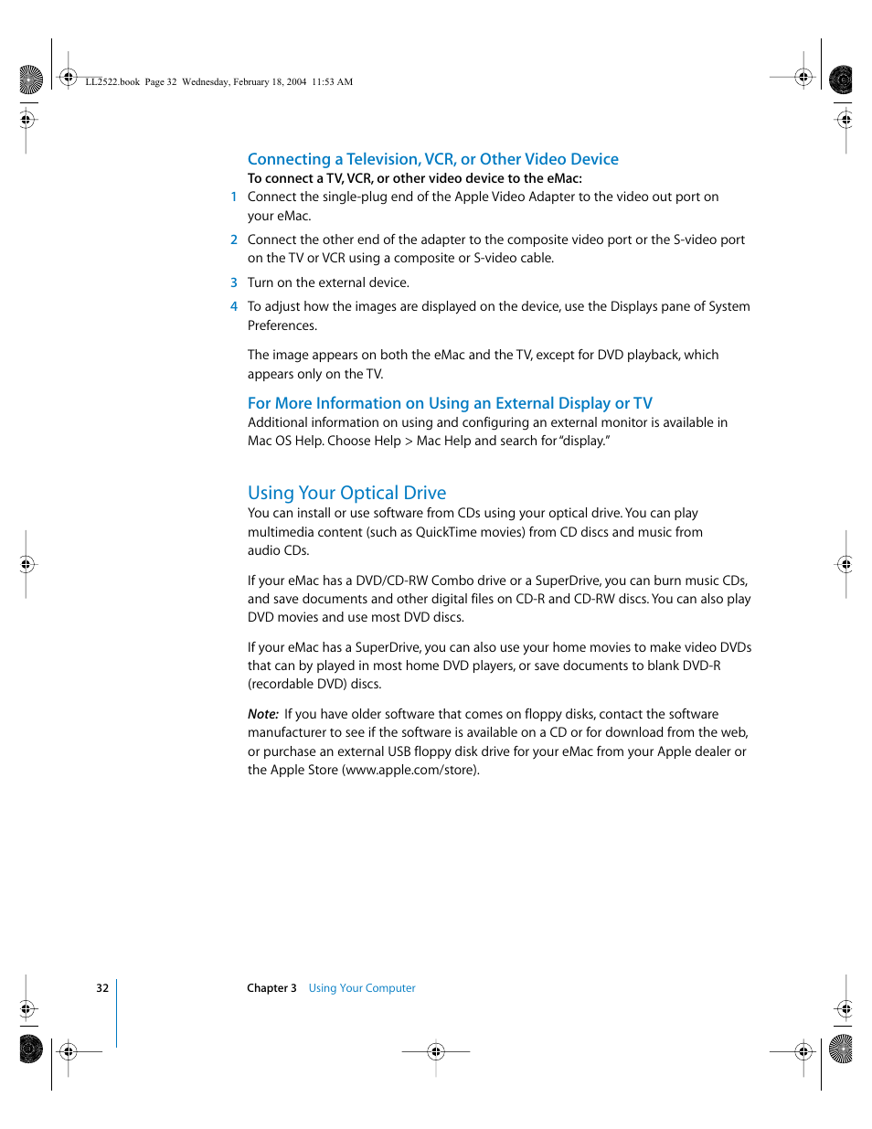 Using your optical drive | Apple eMac (USB 2.0; Early 2004) User Manual | Page 32 / 88