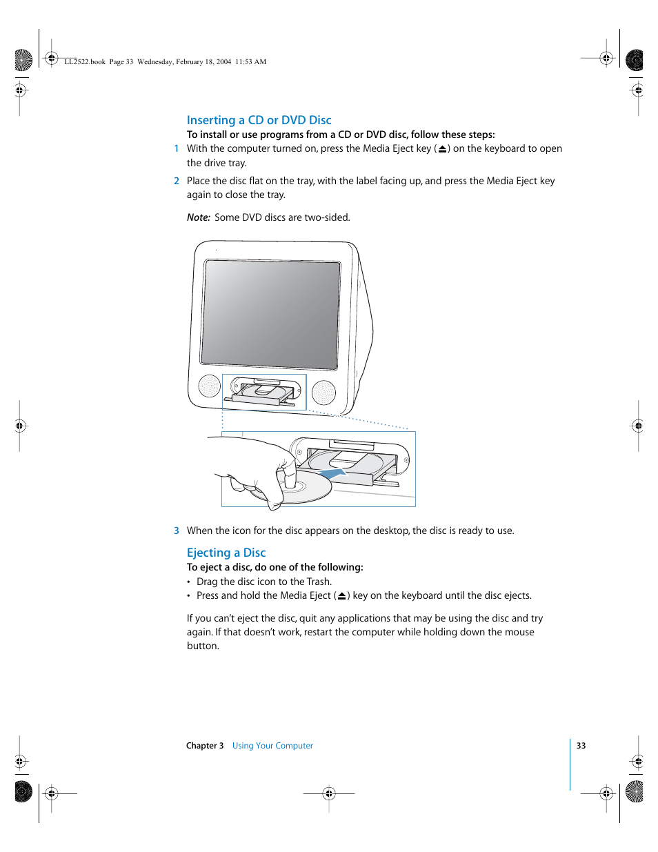 Inserting a cd or dvd disc, Ejecting a disc | Apple eMac (USB 2.0; Early 2004) User Manual | Page 33 / 88