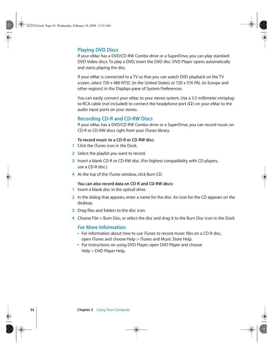 Playing dvd discs, Recording cd-r and cd-rw discs, For more information | Apple eMac (USB 2.0; Early 2004) User Manual | Page 34 / 88