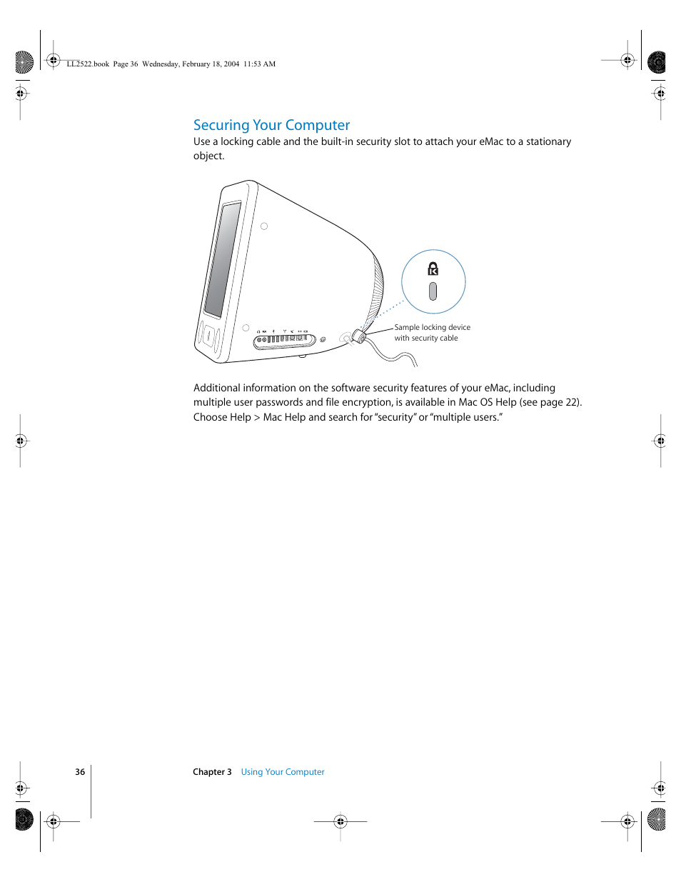 Securing your computer | Apple eMac (USB 2.0; Early 2004) User Manual | Page 36 / 88