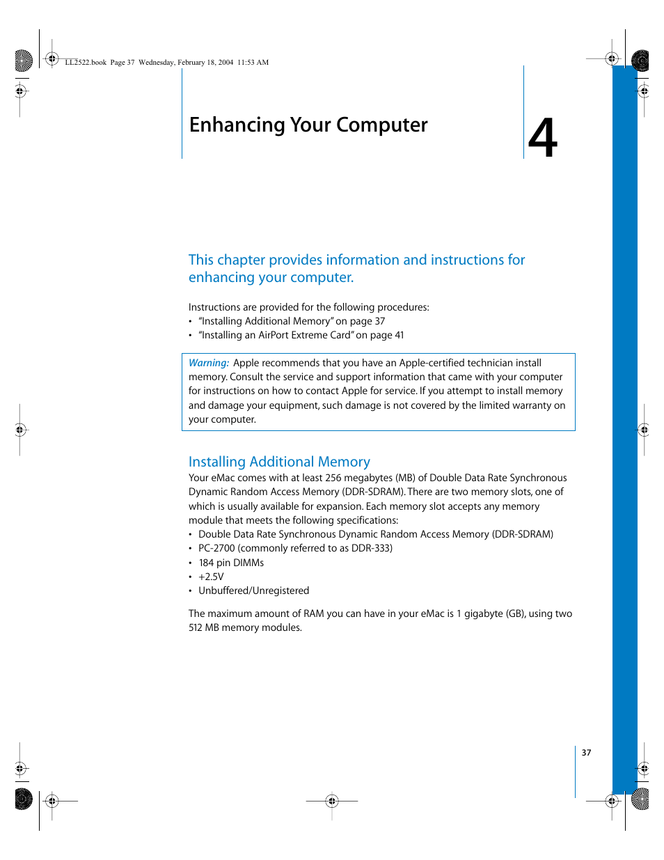 Enhancing your computer, Installing additional memory, Chapter | Chapter 4, “enhancing your computer | Apple eMac (USB 2.0; Early 2004) User Manual | Page 37 / 88