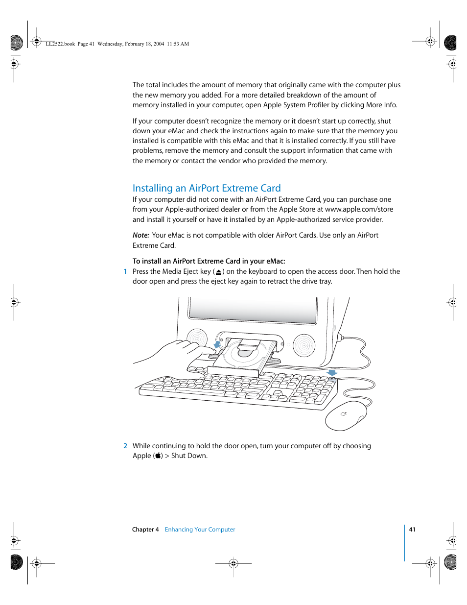 Installing an airport extreme card | Apple eMac (USB 2.0; Early 2004) User Manual | Page 41 / 88