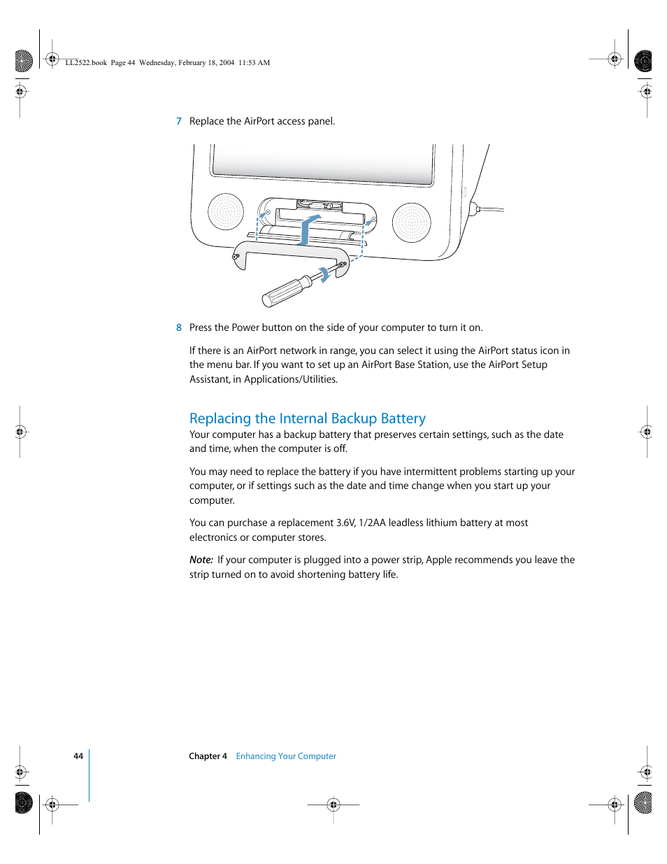 Replacing the internal backup battery | Apple eMac (USB 2.0; Early 2004) User Manual | Page 44 / 88