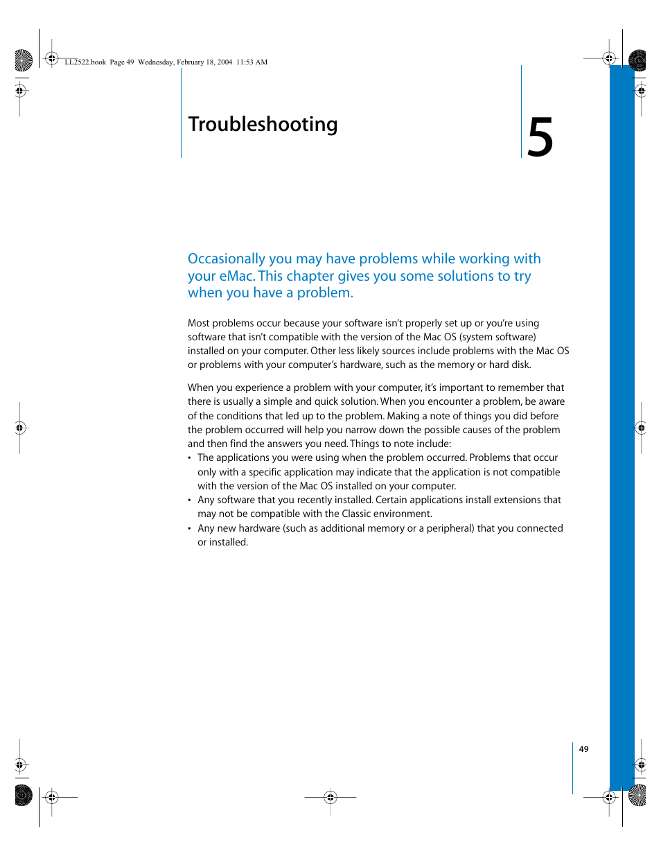 Troubleshooting, Chapter, Chapter 5, “troubleshooting | Apple eMac (USB 2.0; Early 2004) User Manual | Page 49 / 88