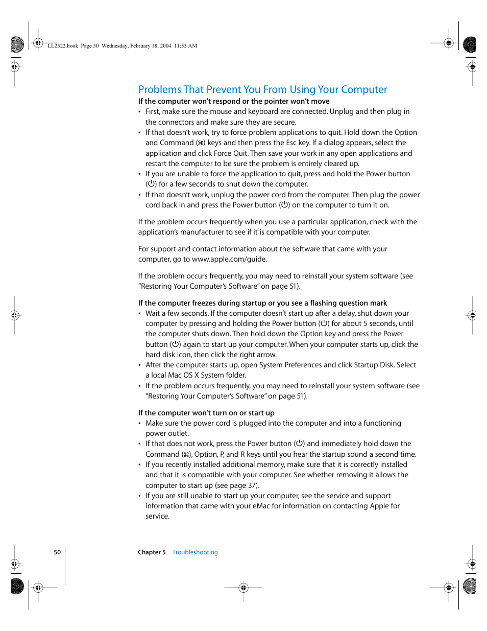 Problems that prevent you from using your computer | Apple eMac (USB 2.0; Early 2004) User Manual | Page 50 / 88
