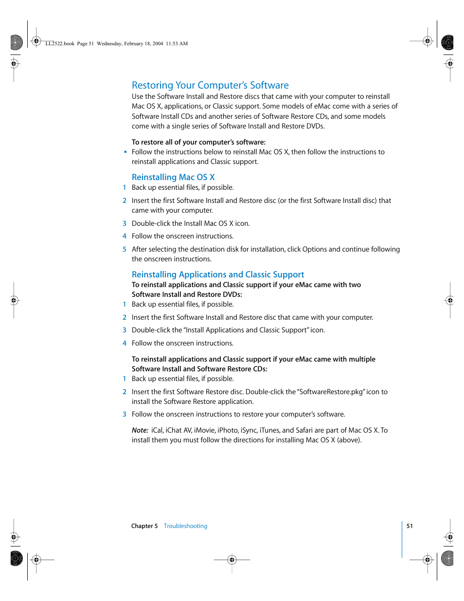 Restoring your computer’s software, Reinstalling mac os x, Reinstalling applications and classic support | Apple eMac (USB 2.0; Early 2004) User Manual | Page 51 / 88