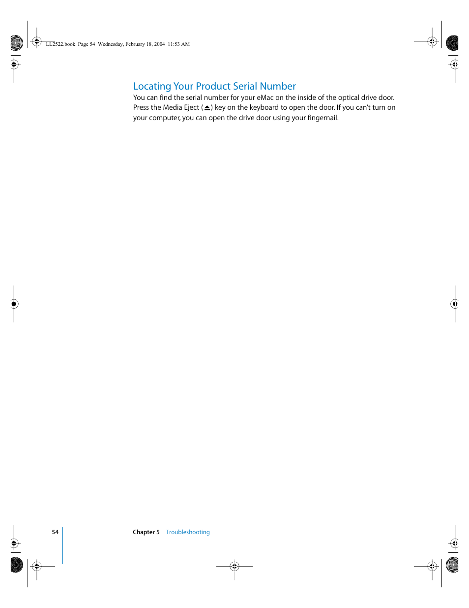 Locating your product serial number | Apple eMac (USB 2.0; Early 2004) User Manual | Page 54 / 88