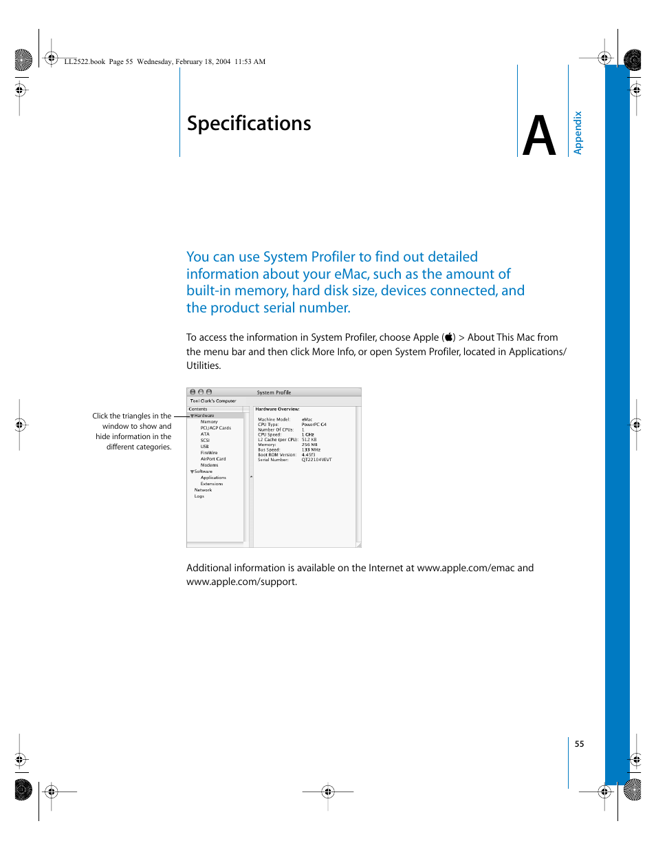 Specifications, Appendix | Apple eMac (USB 2.0; Early 2004) User Manual | Page 55 / 88