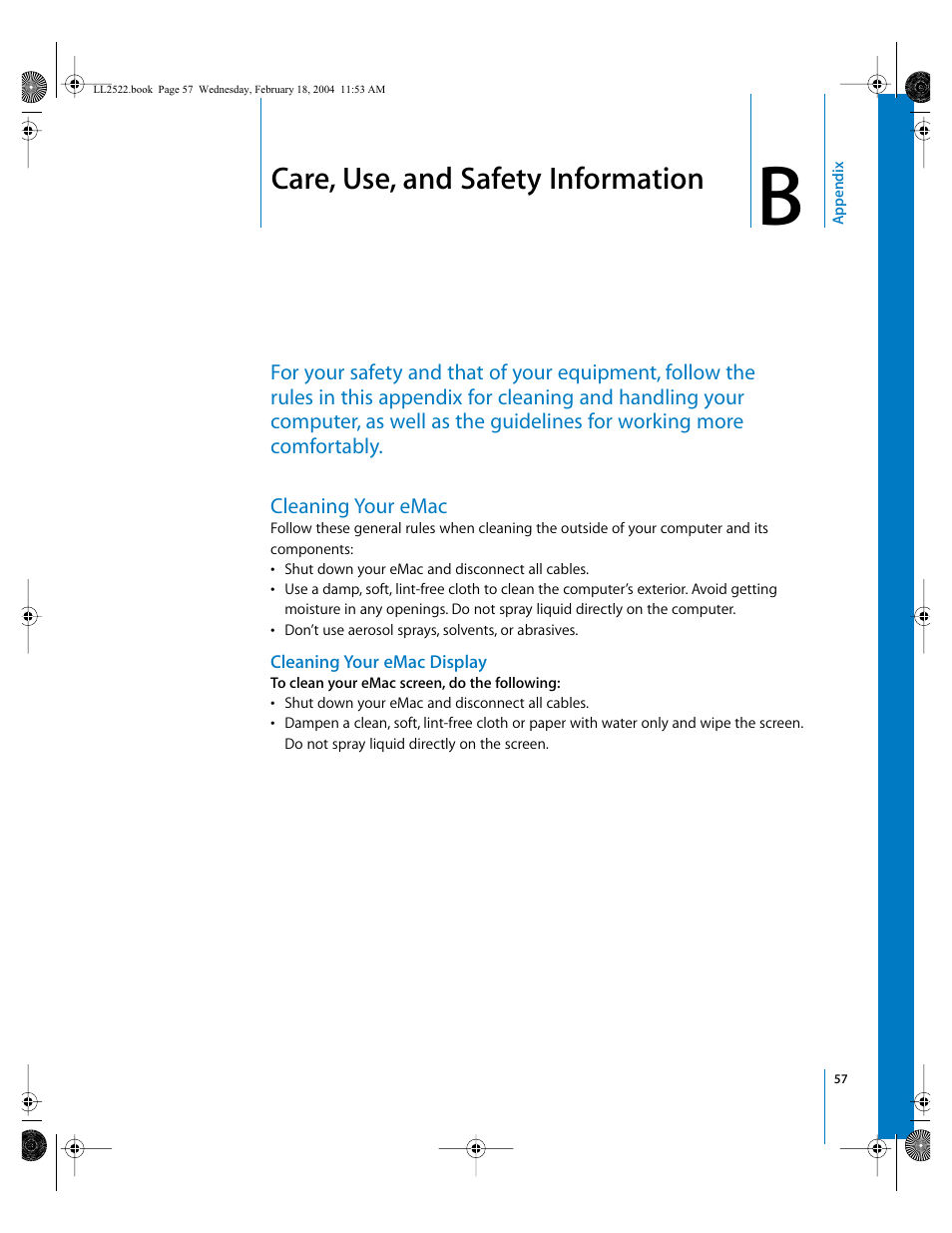 Care, use, and safety information, Cleaning your emac, Cleaning your emac display | Appendix | Apple eMac (USB 2.0; Early 2004) User Manual | Page 57 / 88