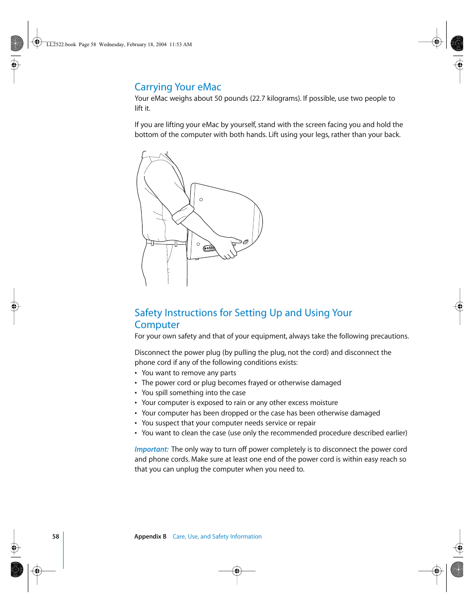 Carrying your emac | Apple eMac (USB 2.0; Early 2004) User Manual | Page 58 / 88