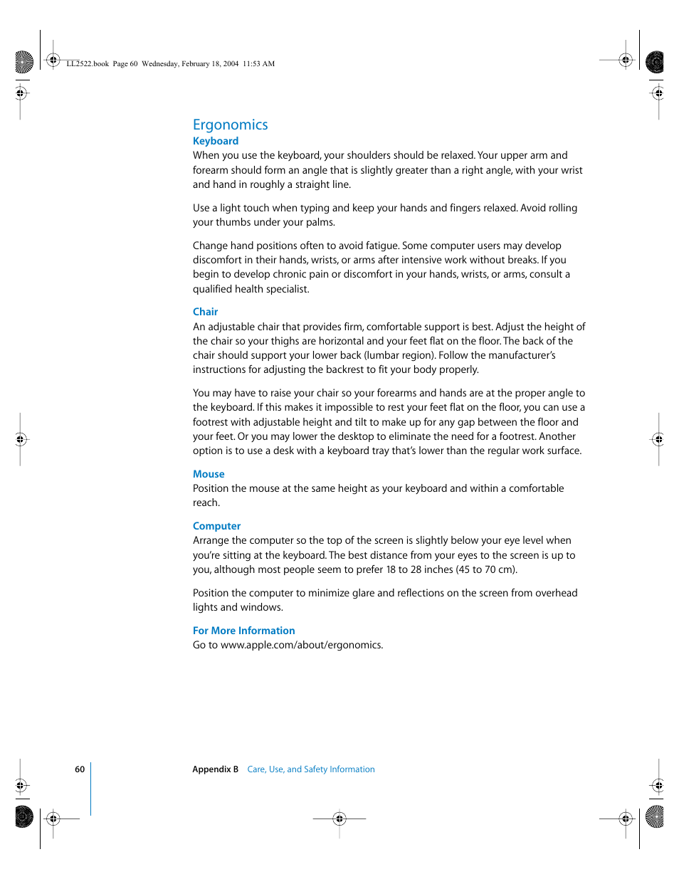 Ergonomics | Apple eMac (USB 2.0; Early 2004) User Manual | Page 60 / 88