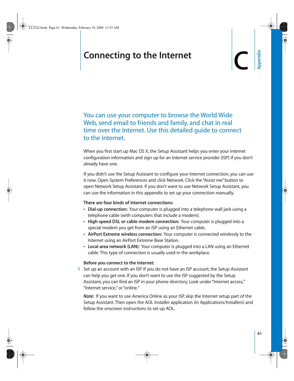 Connecting to the internet, Appendix | Apple eMac (USB 2.0; Early 2004) User Manual | Page 61 / 88