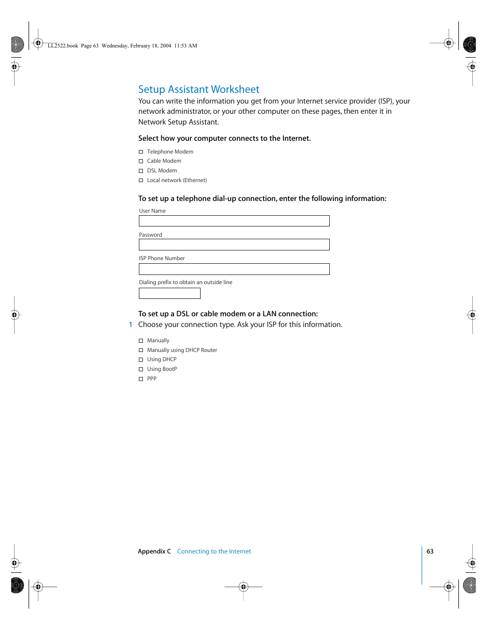 Setup assistant worksheet | Apple eMac (USB 2.0; Early 2004) User Manual | Page 63 / 88