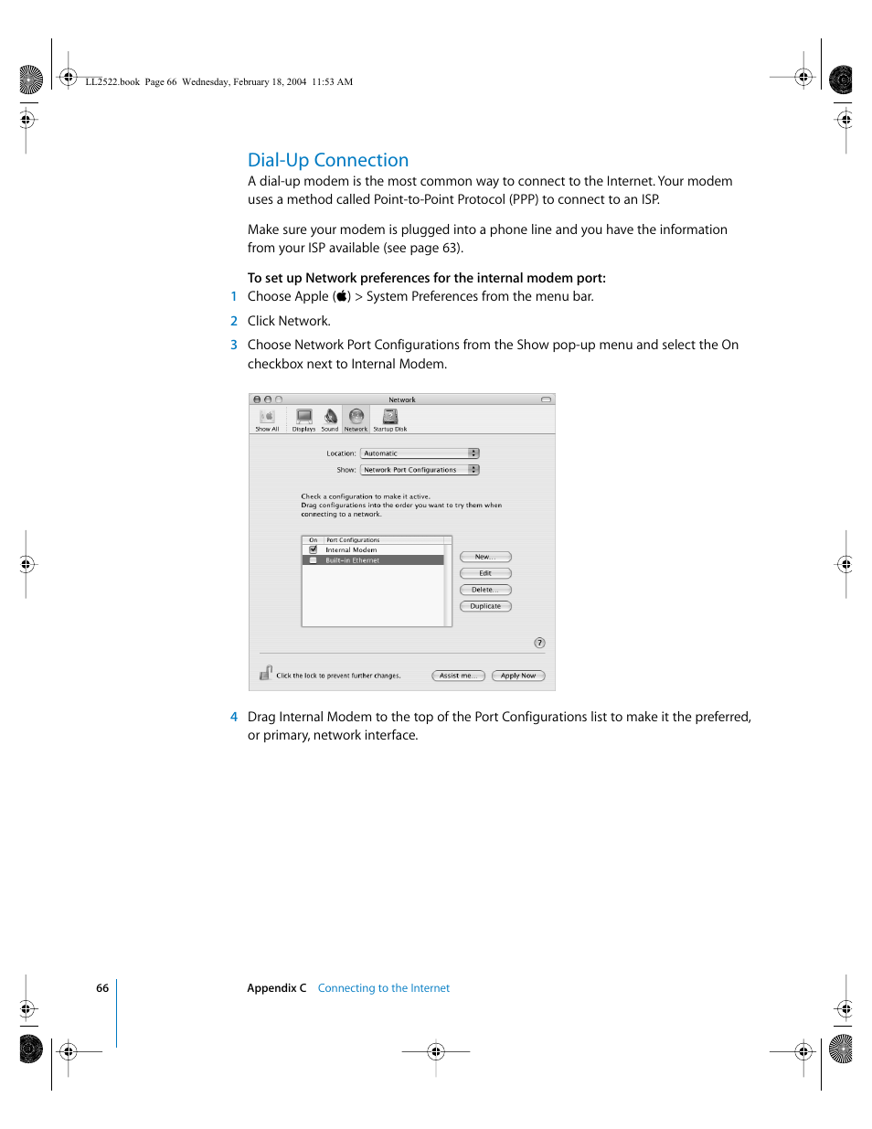 Dial-up connection | Apple eMac (USB 2.0; Early 2004) User Manual | Page 66 / 88