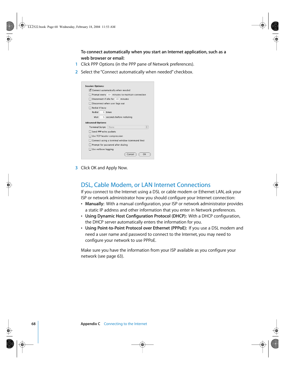 Dsl, cable modem, or lan internet connections | Apple eMac (USB 2.0; Early 2004) User Manual | Page 68 / 88