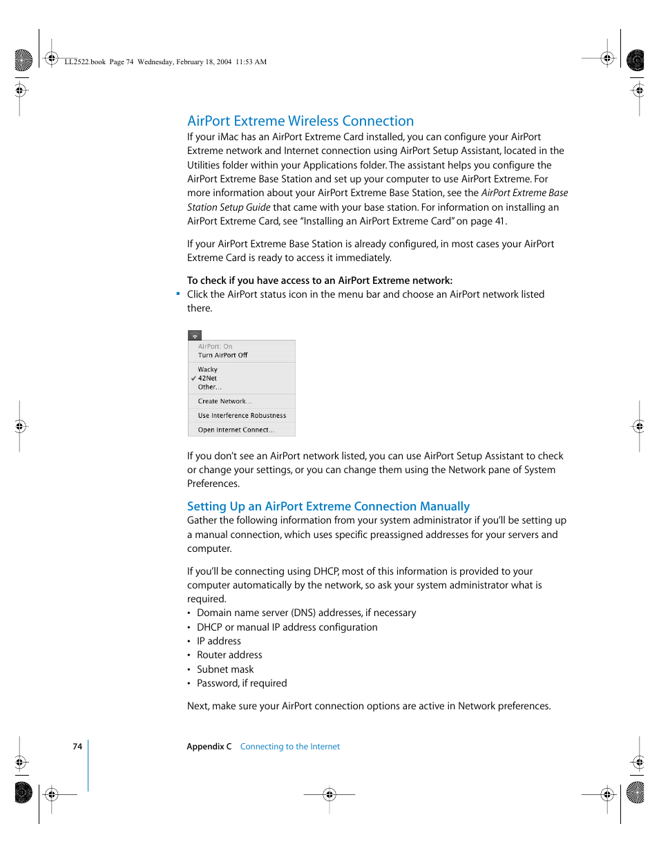 Airport extreme wireless connection, Setting up an airport extreme connection manually | Apple eMac (USB 2.0; Early 2004) User Manual | Page 74 / 88