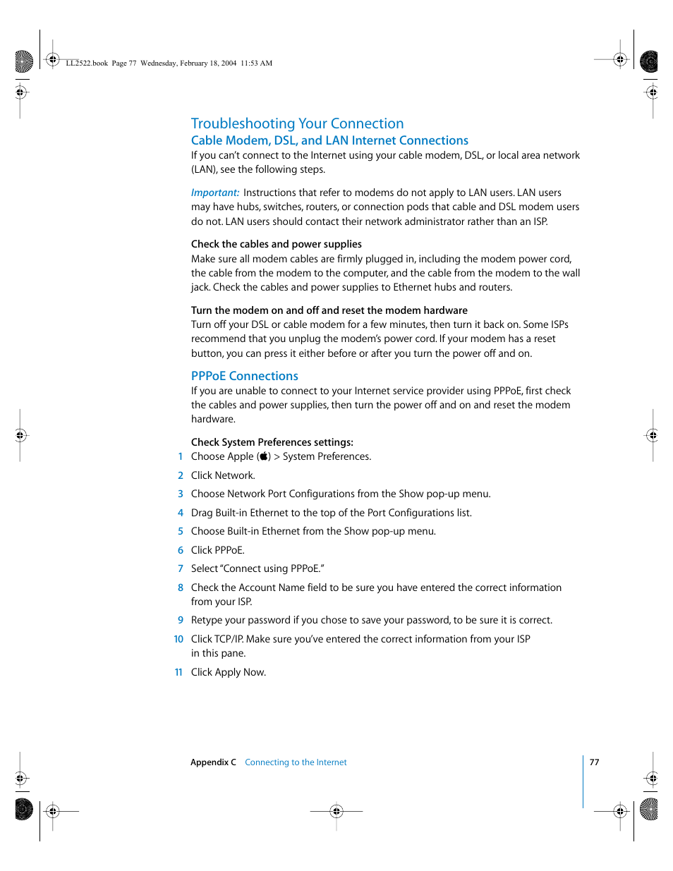 Troubleshooting your connection, Cable modem, dsl, and lan internet connections, Pppoe connections | Apple eMac (USB 2.0; Early 2004) User Manual | Page 77 / 88