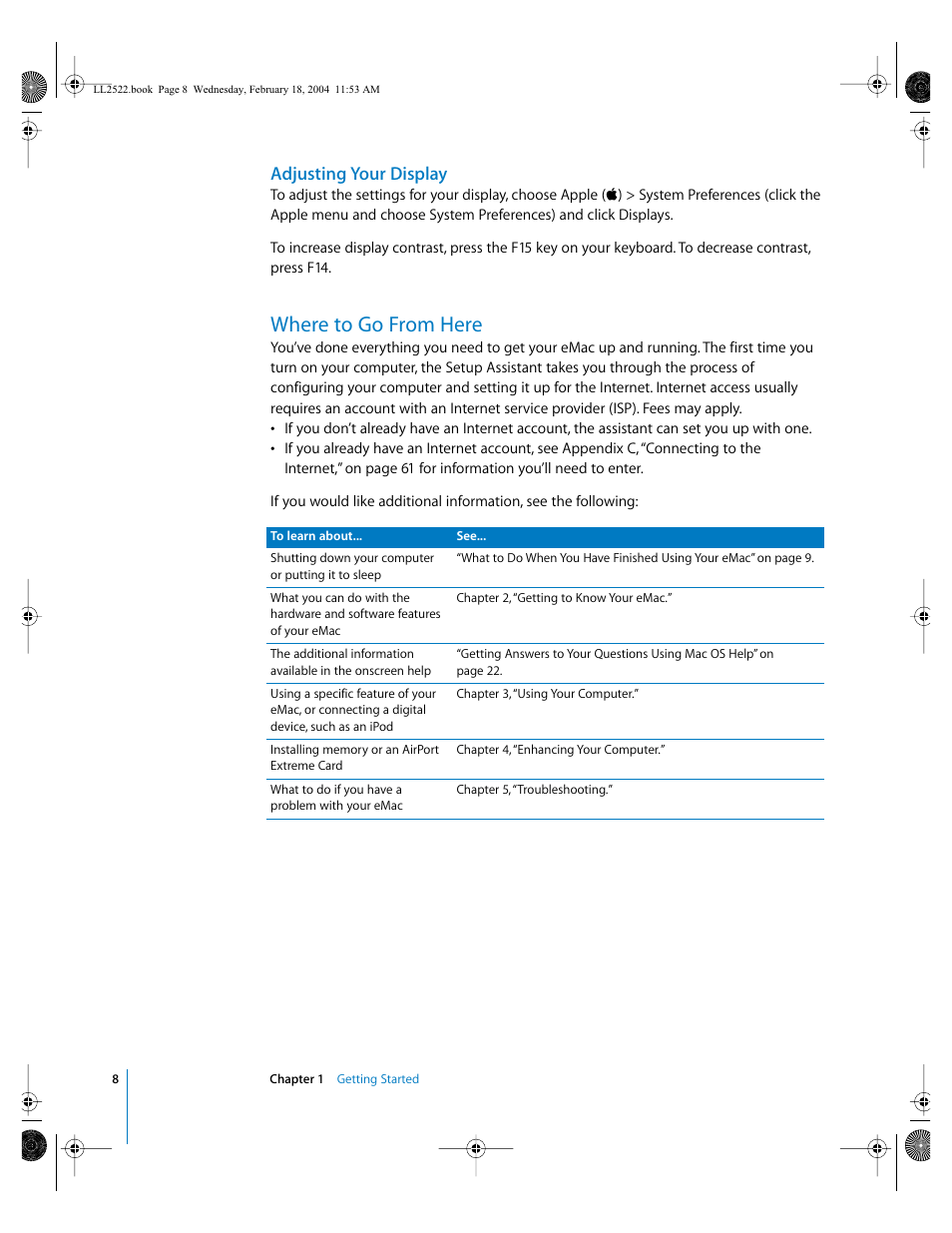 Adjusting your display, Where to go from here | Apple eMac (USB 2.0; Early 2004) User Manual | Page 8 / 88