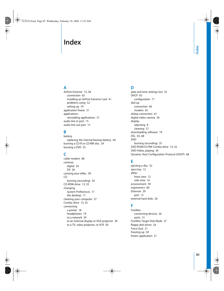 Index | Apple eMac (USB 2.0; Early 2004) User Manual | Page 85 / 88