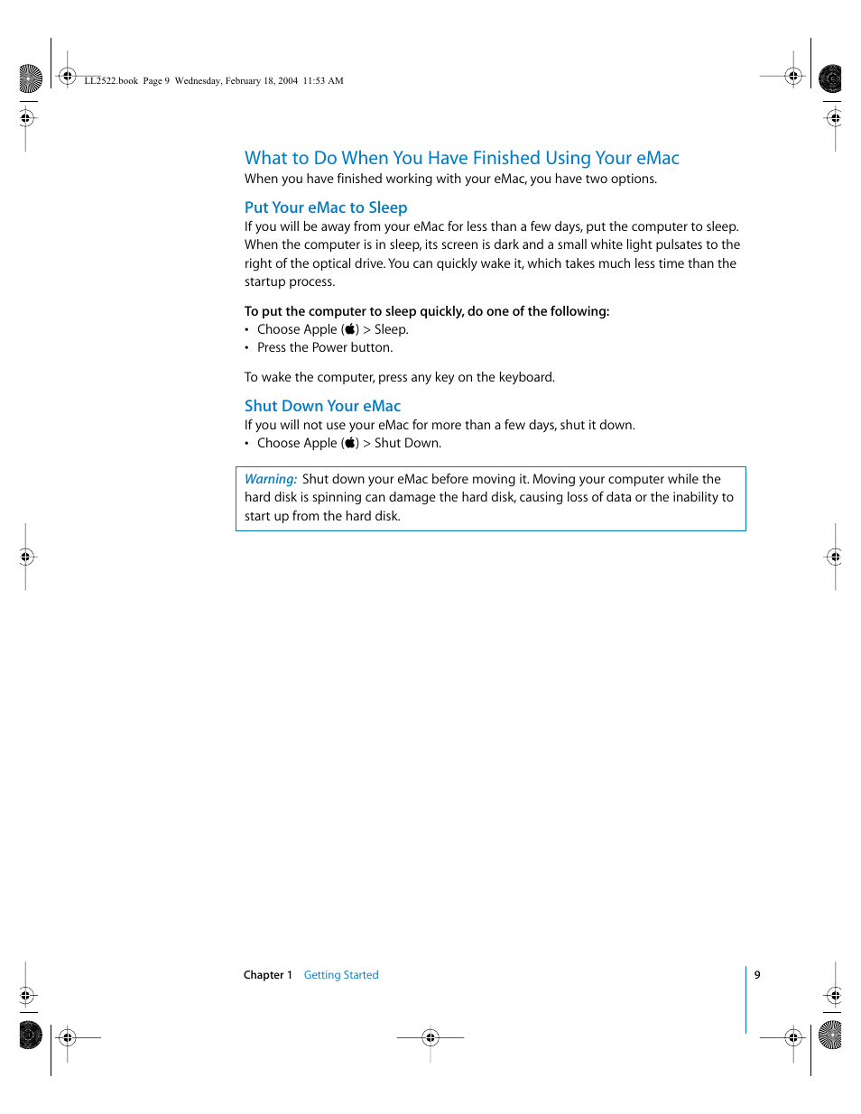 What to do when you have finished using your emac, Put your emac to sleep, Shut down your emac | Apple eMac (USB 2.0; Early 2004) User Manual | Page 9 / 88