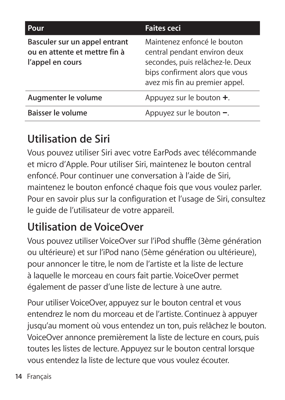 Utilisation de siri, Utilisation de voiceover | Apple EarPods with Remote and Mic User Manual | Page 14 / 40