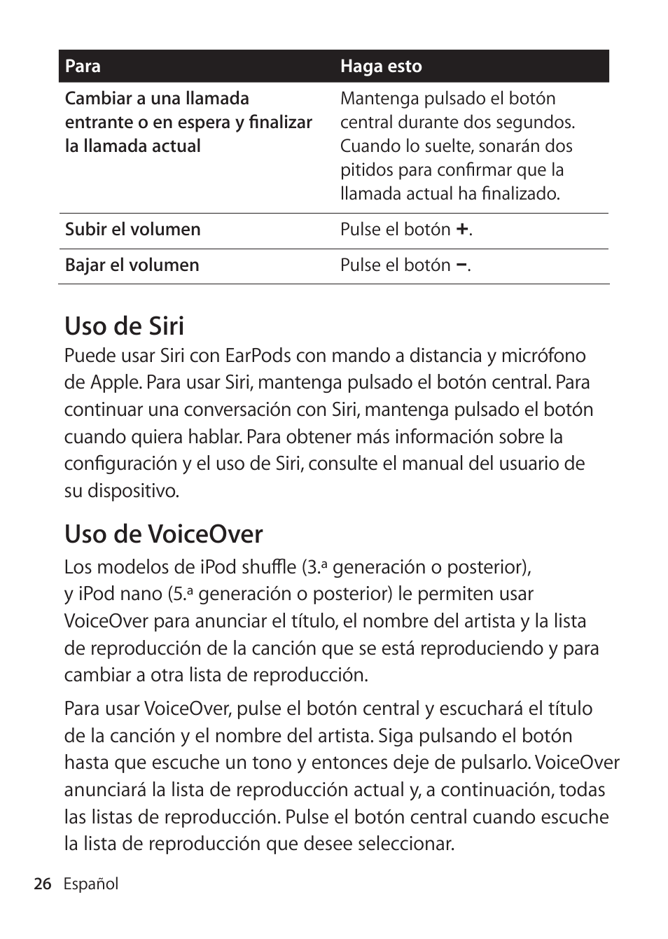 Uso de siri, Uso de voiceover | Apple EarPods with Remote and Mic User Manual | Page 26 / 40