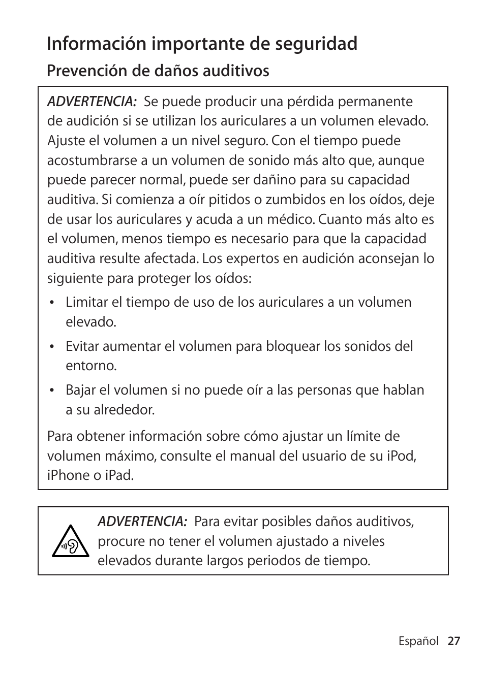 Información importante de seguridad | Apple EarPods with Remote and Mic User Manual | Page 27 / 40