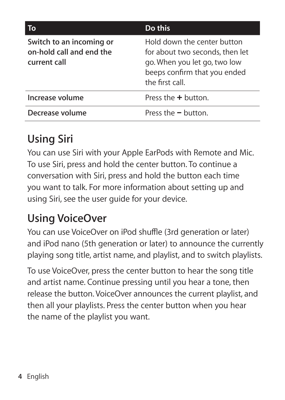 Using siri, Using voiceover | Apple EarPods with Remote and Mic User Manual | Page 4 / 40