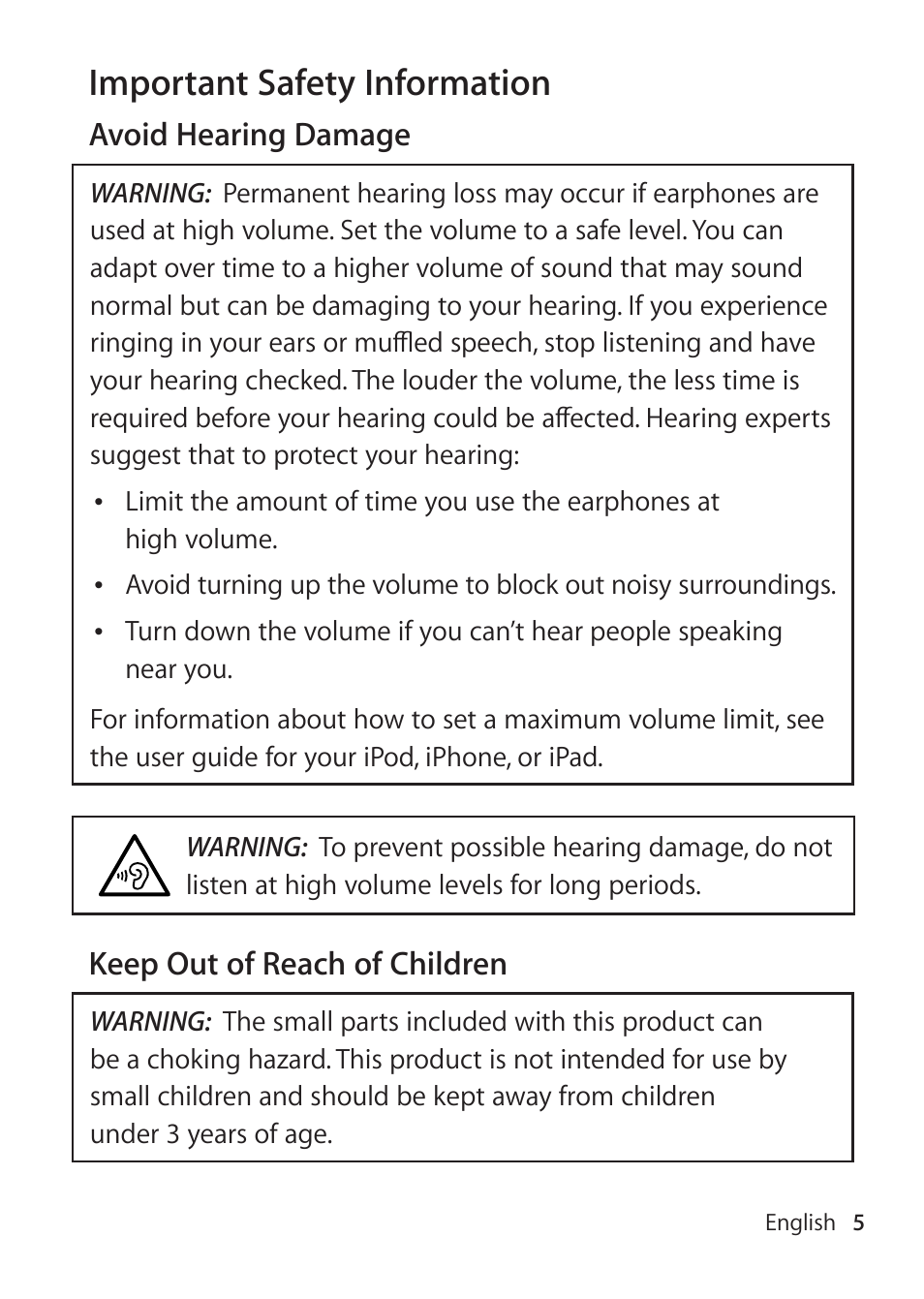 Important safety information | Apple EarPods with Remote and Mic User Manual | Page 5 / 40