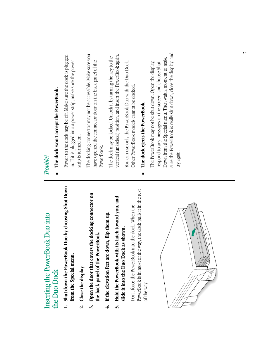 Inserting the p owerbook duo into the duo dock, Trouble | Apple PowerBook Duo Dock (including Duo Dock II) User Manual | Page 11 / 36