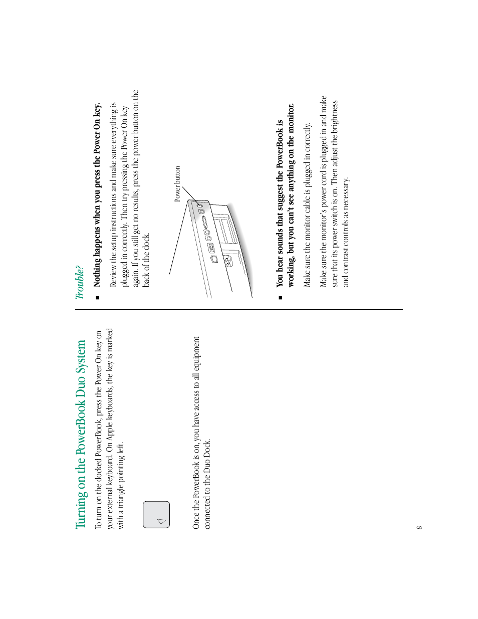 Turning on the p owerbook duo system, Trouble | Apple PowerBook Duo Dock (including Duo Dock II) User Manual | Page 12 / 36