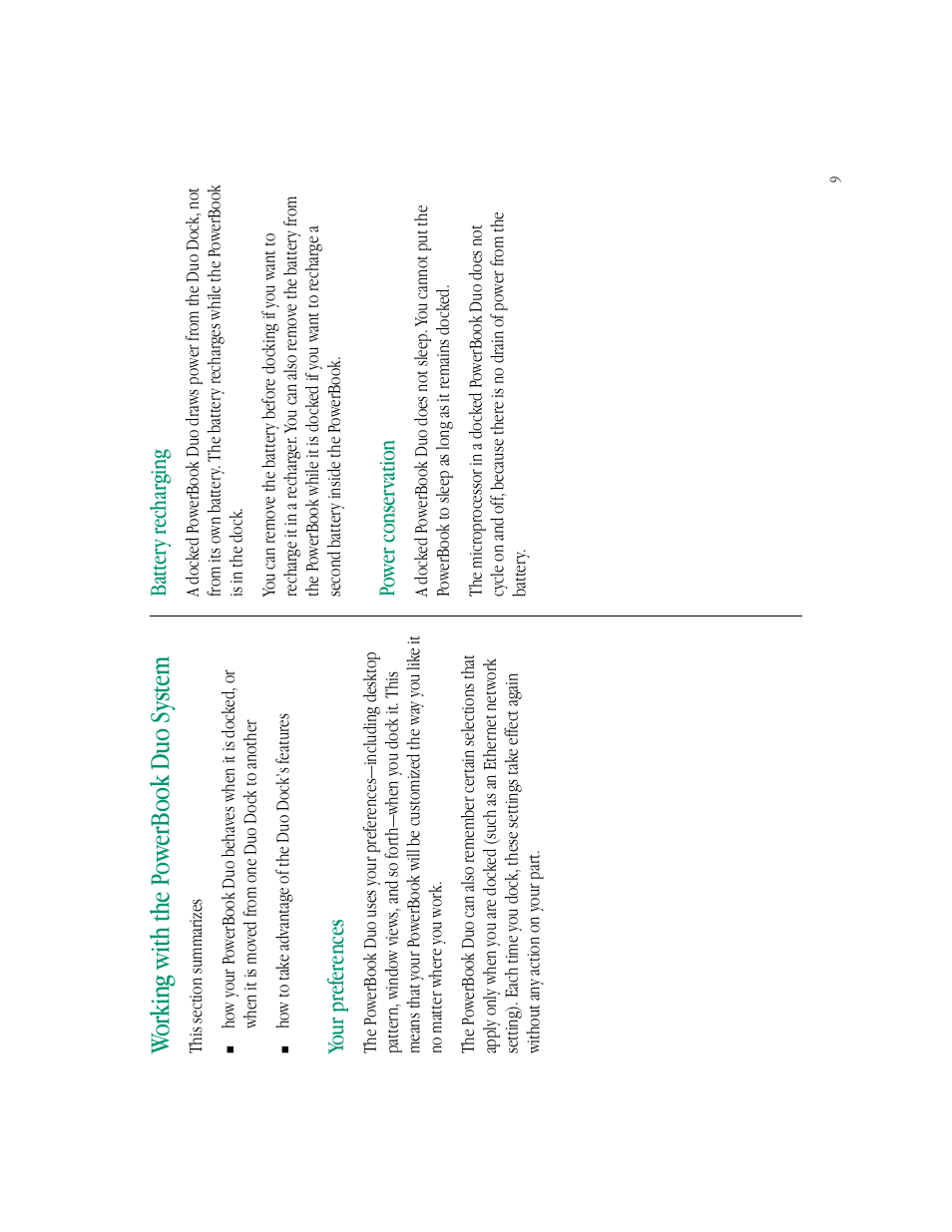 Working with the p owerbook duo system, Your preferences, Batter y recharging | Power conser vation | Apple PowerBook Duo Dock (including Duo Dock II) User Manual | Page 13 / 36