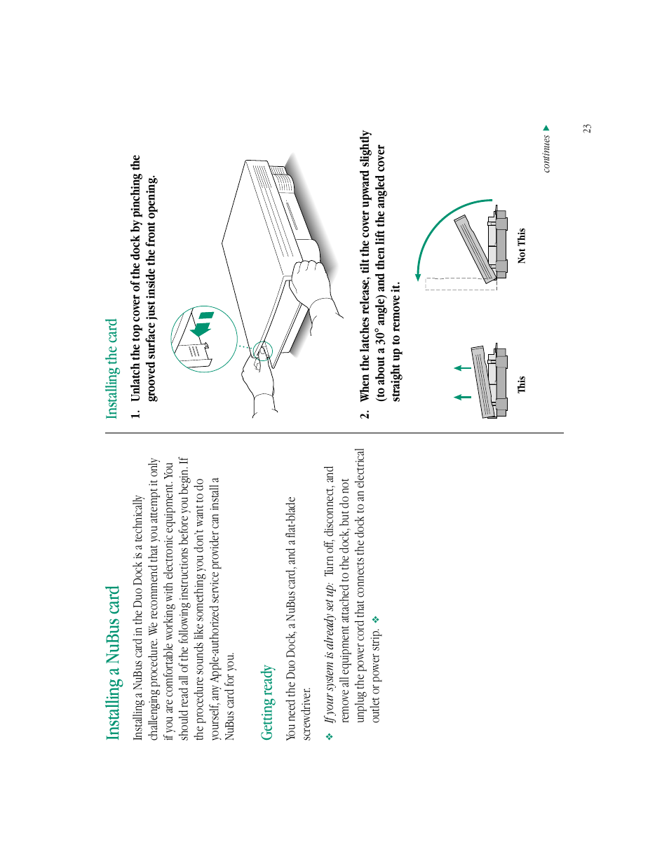 Installing a nubus card, Getting ready, Installing the card | Apple PowerBook Duo Dock (including Duo Dock II) User Manual | Page 27 / 36