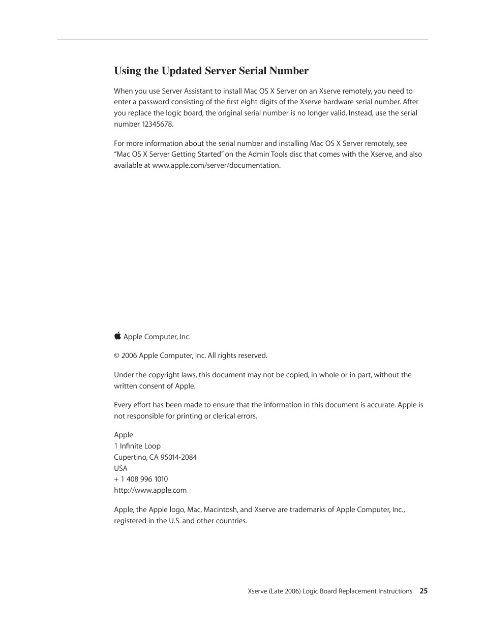 Using the updated server serial number | Apple Xserve Intel (Late 2006) DIY Procedure for Logic Board User Manual | Page 25 / 25