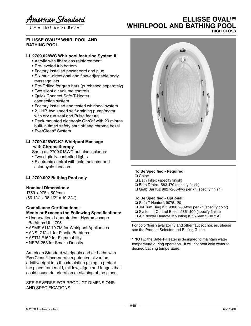 American Standard Ellisse Oval Whirlpool and Bathing Pool 2709.028WC.K2 User Manual | 2 pages