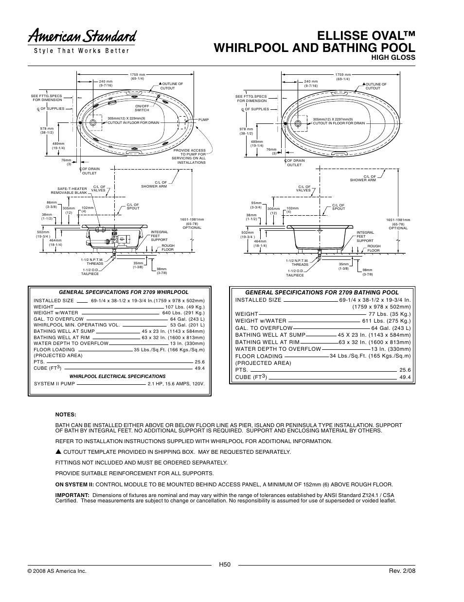 Ellisse oval™ whirlpool and bathing pool, High gloss, Rev. 2/08 | American Standard Ellisse Oval Whirlpool and Bathing Pool 2709.028WC.K2 User Manual | Page 2 / 2