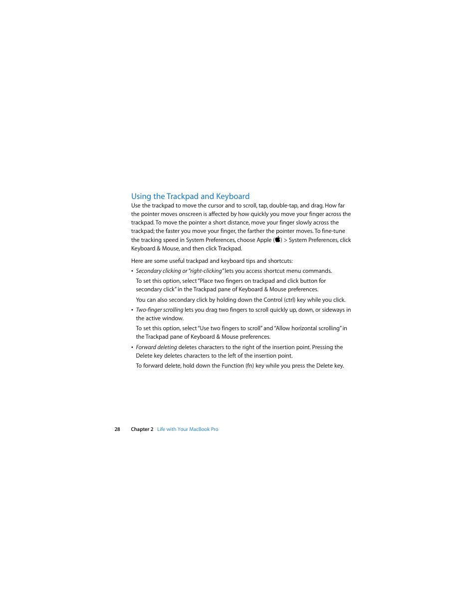 Using the trackpad and keyboard | Apple MacBook Pro (Late 2007, 2.4/2.2 GHz) User Manual | Page 28 / 84