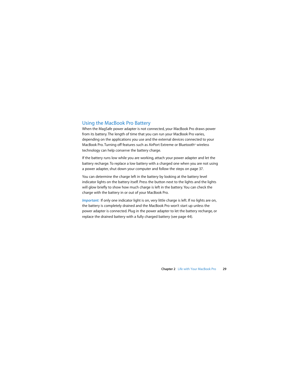Using the macbookpro battery, Using the macbook pro battery | Apple MacBook Pro (Late 2007, 2.4/2.2 GHz) User Manual | Page 29 / 84