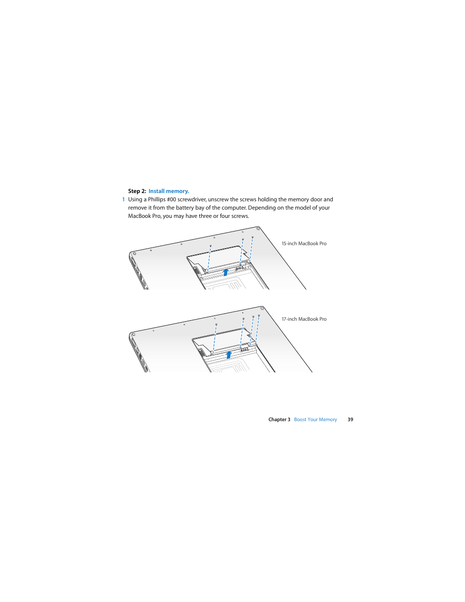 Step2: install memory | Apple MacBook Pro (Late 2007, 2.4/2.2 GHz) User Manual | Page 39 / 84