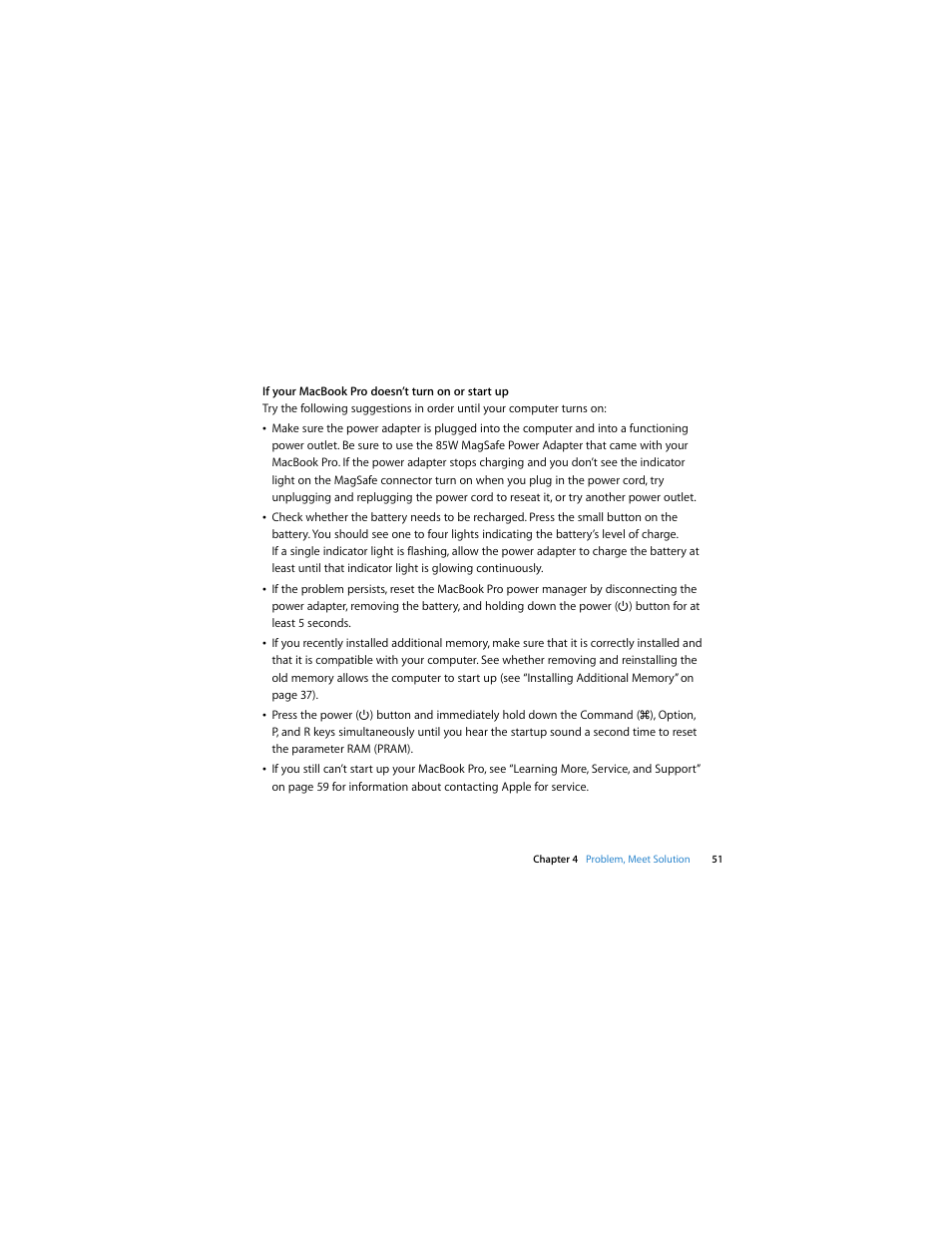 See “if your macbook pro doesn’t turn on or start | Apple MacBook Pro (Late 2007, 2.4/2.2 GHz) User Manual | Page 51 / 84