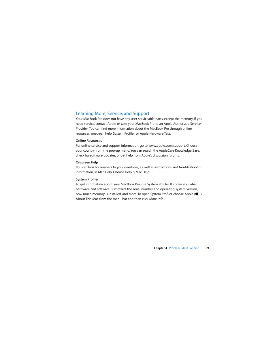 Learning more, service, and support, See “learning more, service, and support | Apple MacBook Pro (Late 2007, 2.4/2.2 GHz) User Manual | Page 59 / 84