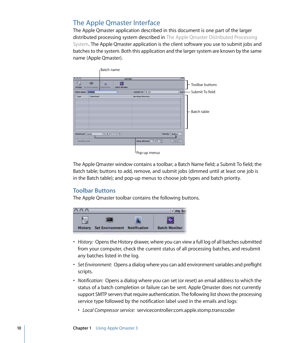 The apple qmaster interface, Toolbar buttons | Apple Qmaster 3 User Manual | Page 10 / 42
