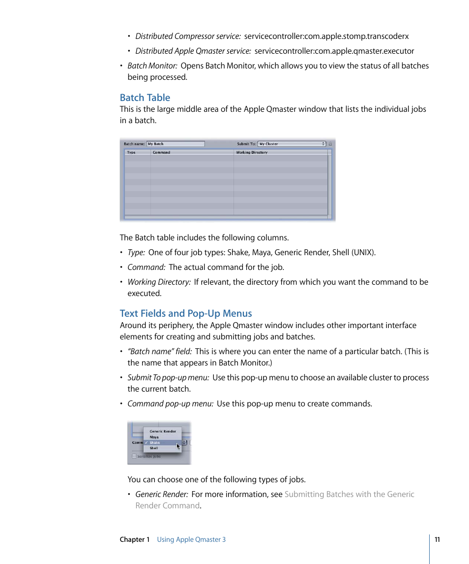 Batch table, Text fields and pop-up menus | Apple Qmaster 3 User Manual | Page 11 / 42