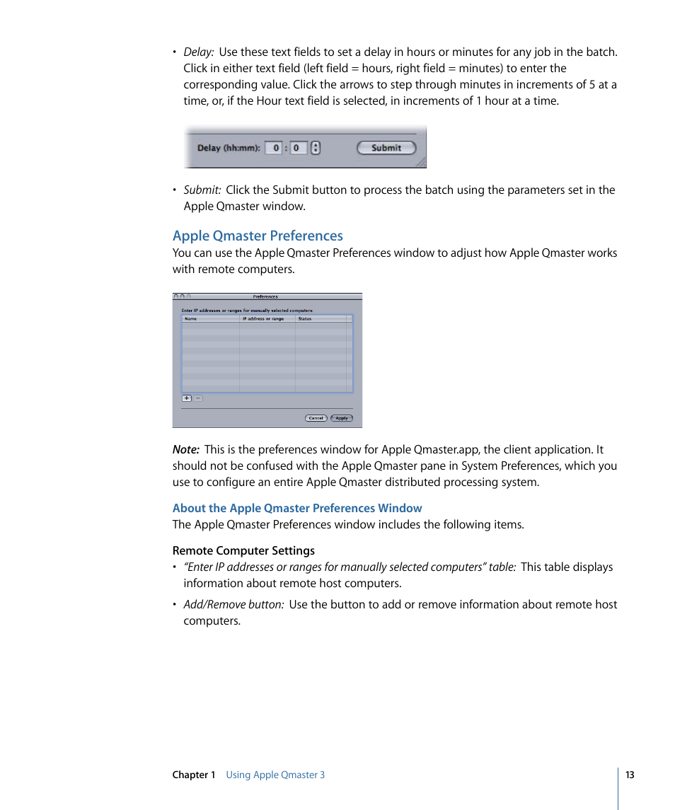 Apple qmaster preferences, About the apple qmaster preferences window | Apple Qmaster 3 User Manual | Page 13 / 42