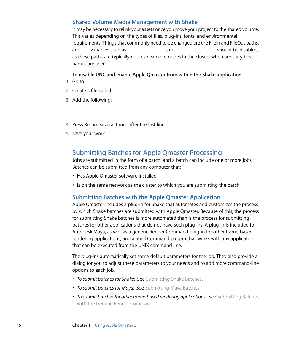 Shared volume media management with shake, Submitting batches for apple qmaster processing | Apple Qmaster 3 User Manual | Page 16 / 42