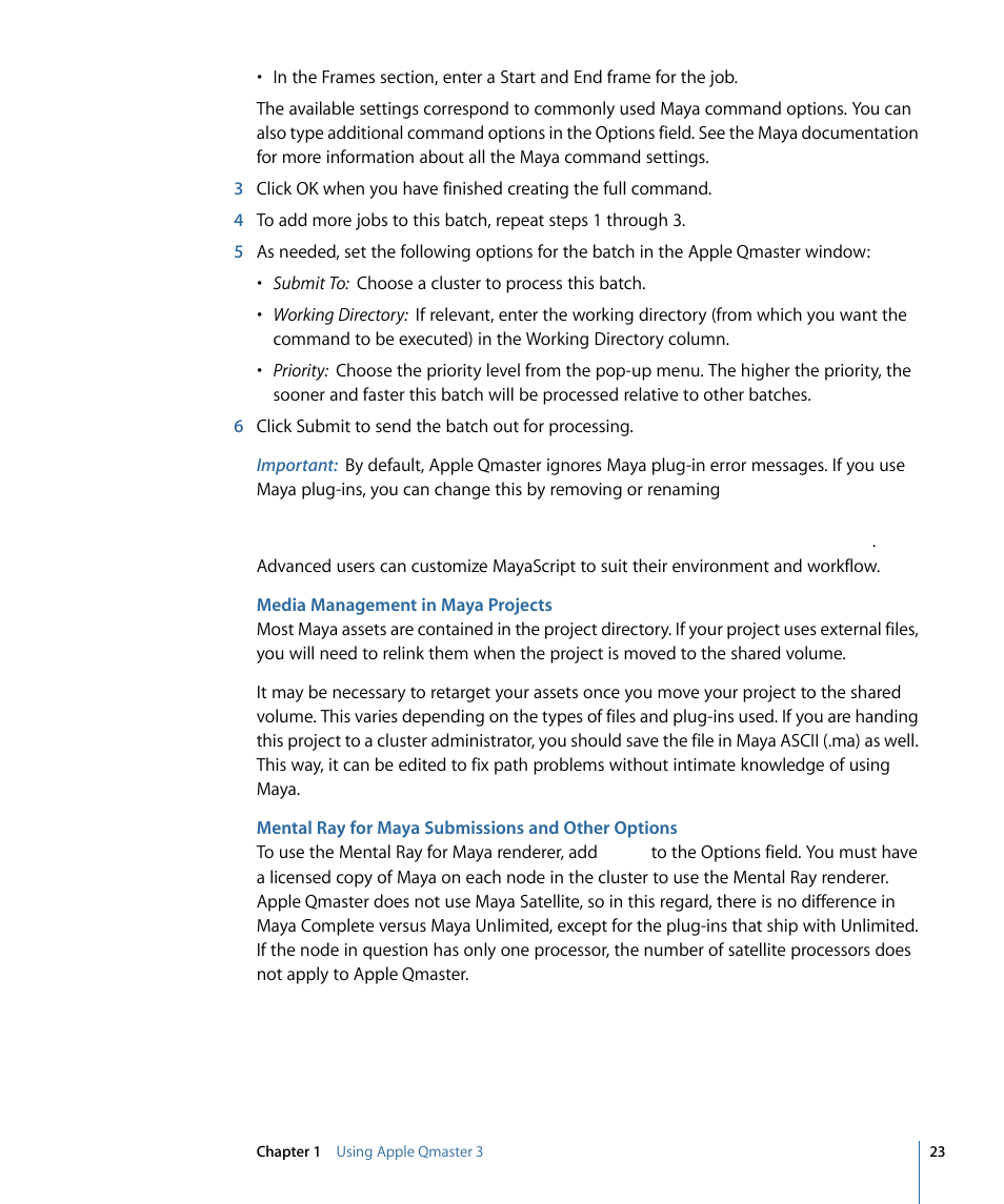 Media management in maya projects, Mental ray for maya submissions and other options | Apple Qmaster 3 User Manual | Page 23 / 42