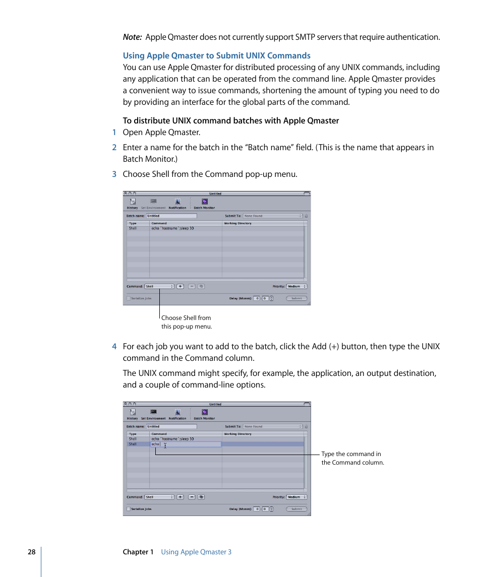 Using apple qmaster to submit unix commands, Using apple qmaster to submit, Unix commands | Apple Qmaster 3 User Manual | Page 28 / 42