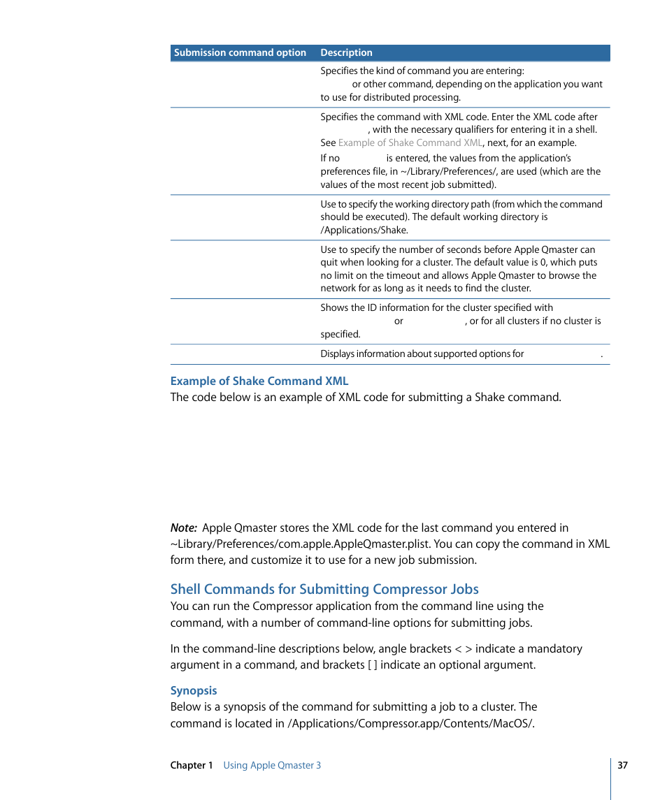 Example of shake command xml, Shell commands for submitting compressor jobs, Synopsis | Apple Qmaster 3 User Manual | Page 37 / 42