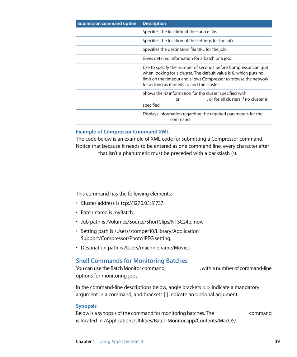 Example of compressor command xml, Shell commands for monitoring batches, Synopsis | Apple Qmaster 3 User Manual | Page 39 / 42
