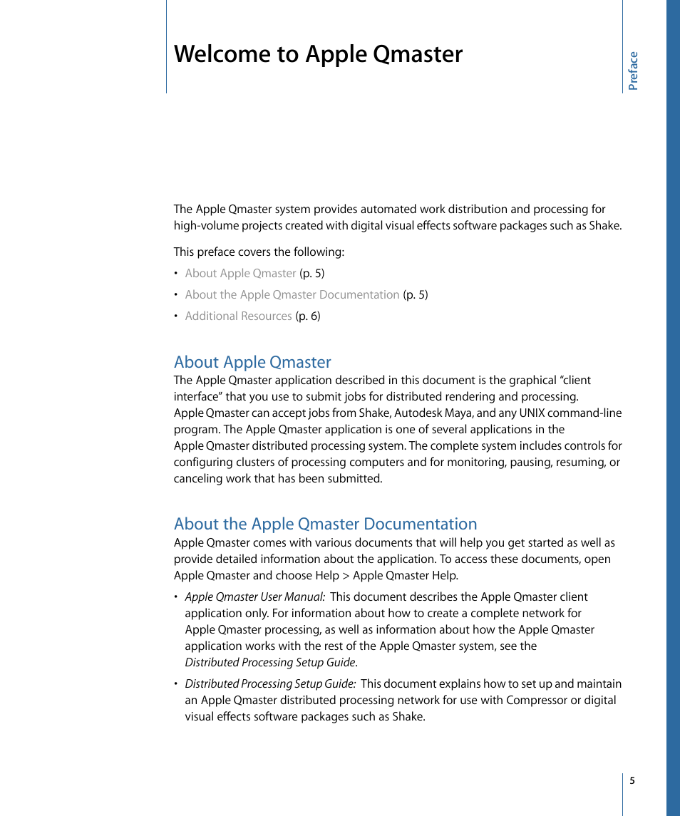Welcome to apple qmaster, About apple qmaster, About the apple qmaster documentation | Apple Qmaster 3 User Manual | Page 5 / 42